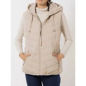 Lauren Ralph Lauren Womens Beige Chevron Quilted Hooded Puffer Vest Size M